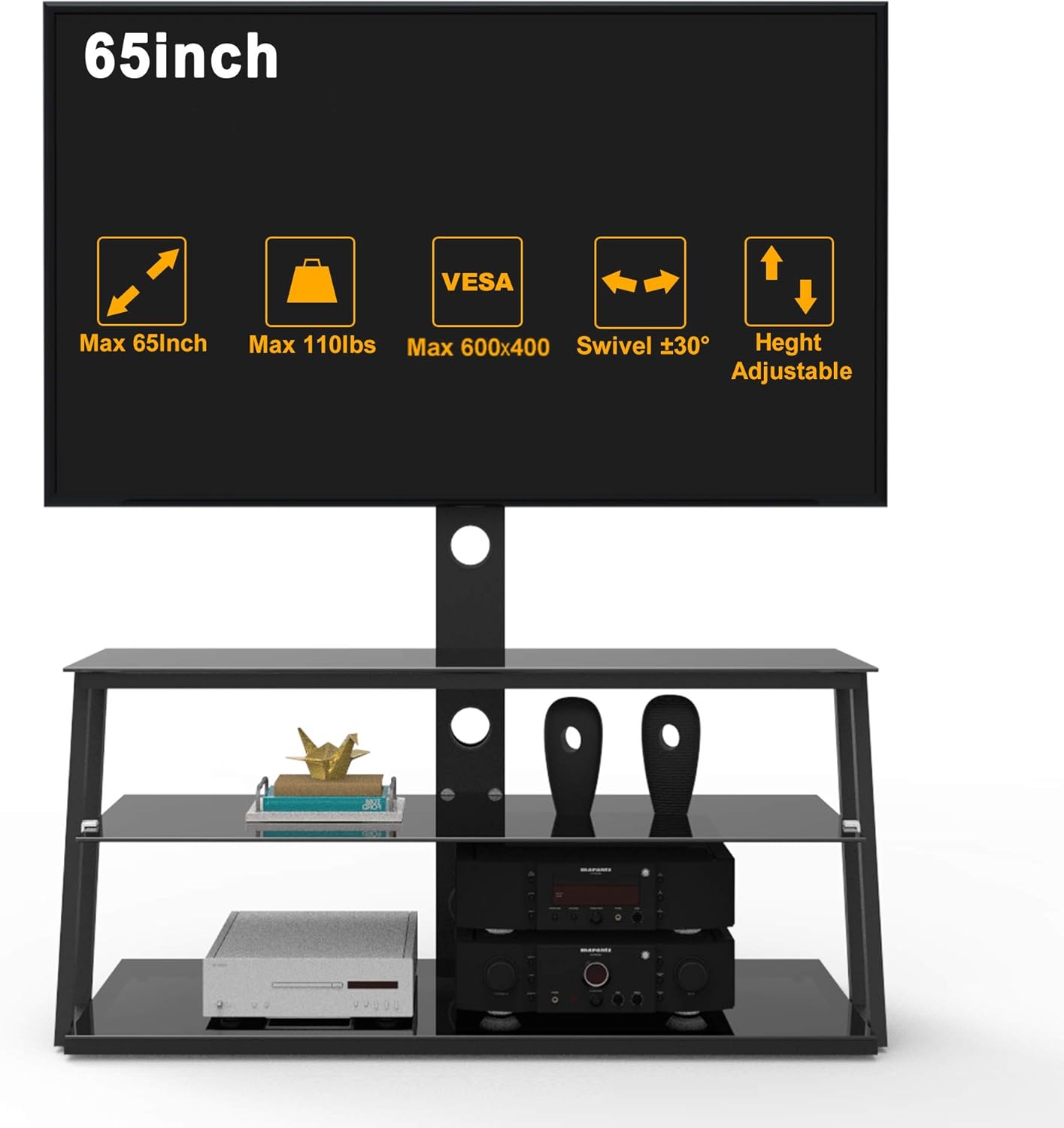 Swivel Floor TV Stand with Adjustable Tempered Wooden Shelves C540