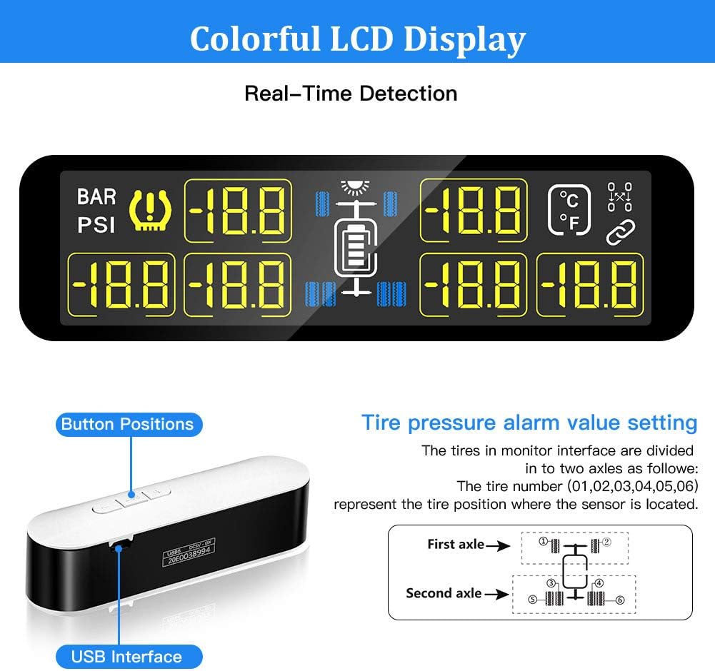 6 External Sensors TPMS Tire Pressure Monitoring System with LCD Color Screen T7145