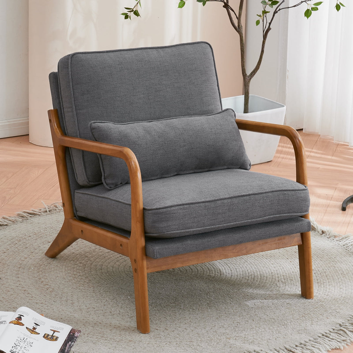 Fabric Single Sofa with Wood Legs (Gray) J131