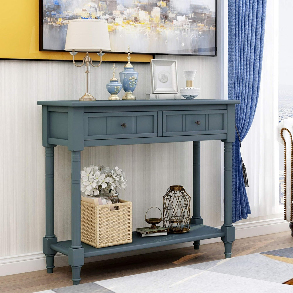 Retro Blue 4-Leg Wood Console Table with Two Drawers and Bottom Shelf P8434