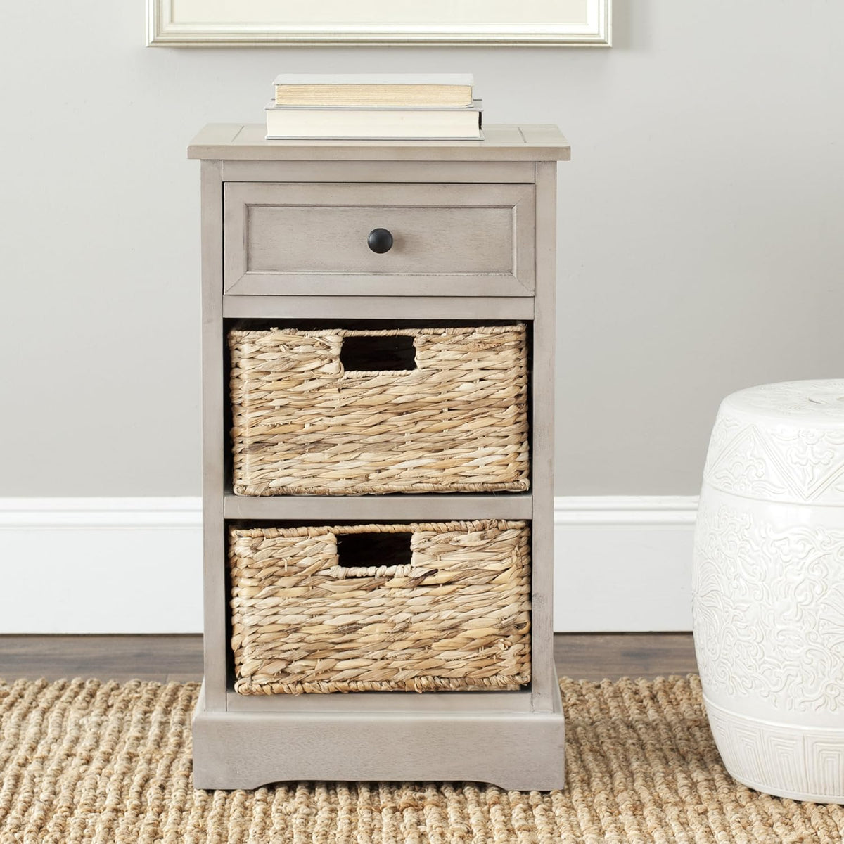 Vintage Grey / Natural Wicker 3-Drawer Storage Nightstand Side Table W47452
