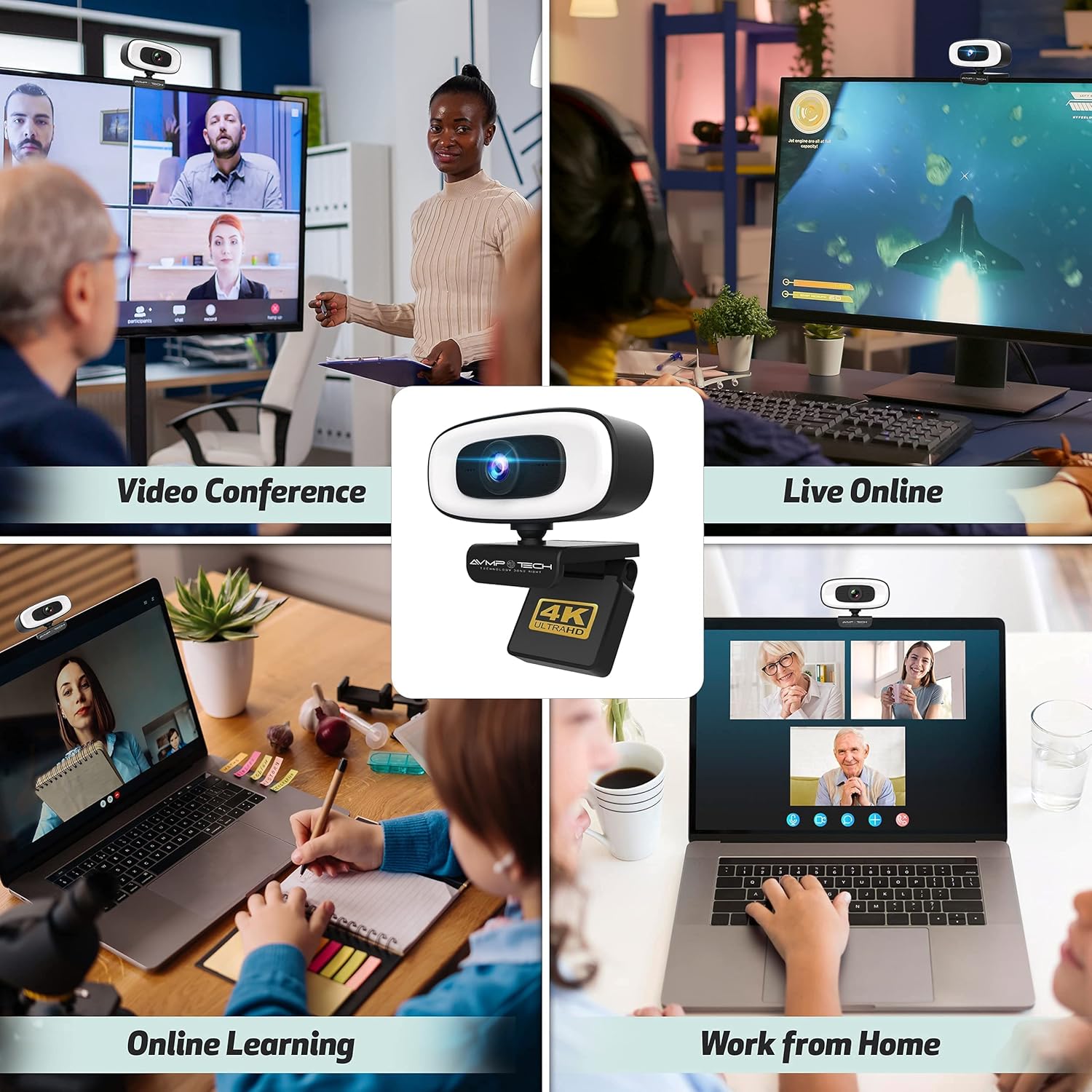 4K Webcam with Light Ultra HD 8MP Autofocus USB Web Cam with Microphone V852