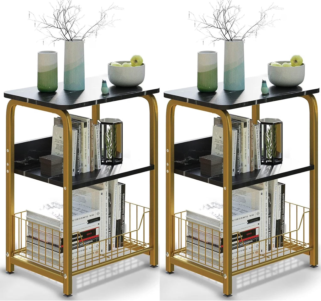 Black Marble 3 Tiers Nightstand with Wood and Metal Frame S6019