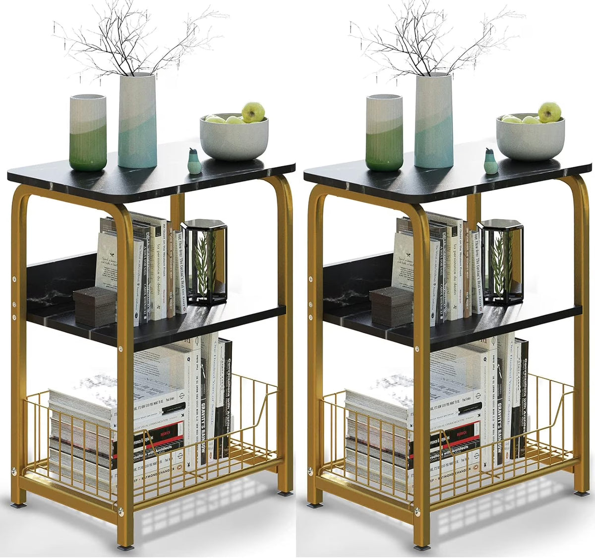 Black Marble 3 Tiers Nightstand with Wood and Metal Frame S6019