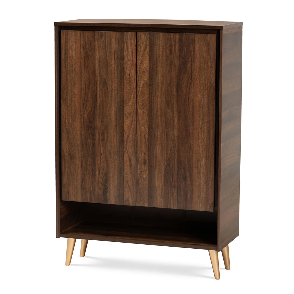 Walnut Brown and Gold Finished Wood 2-Door Shoe Storage Cabinet T131455