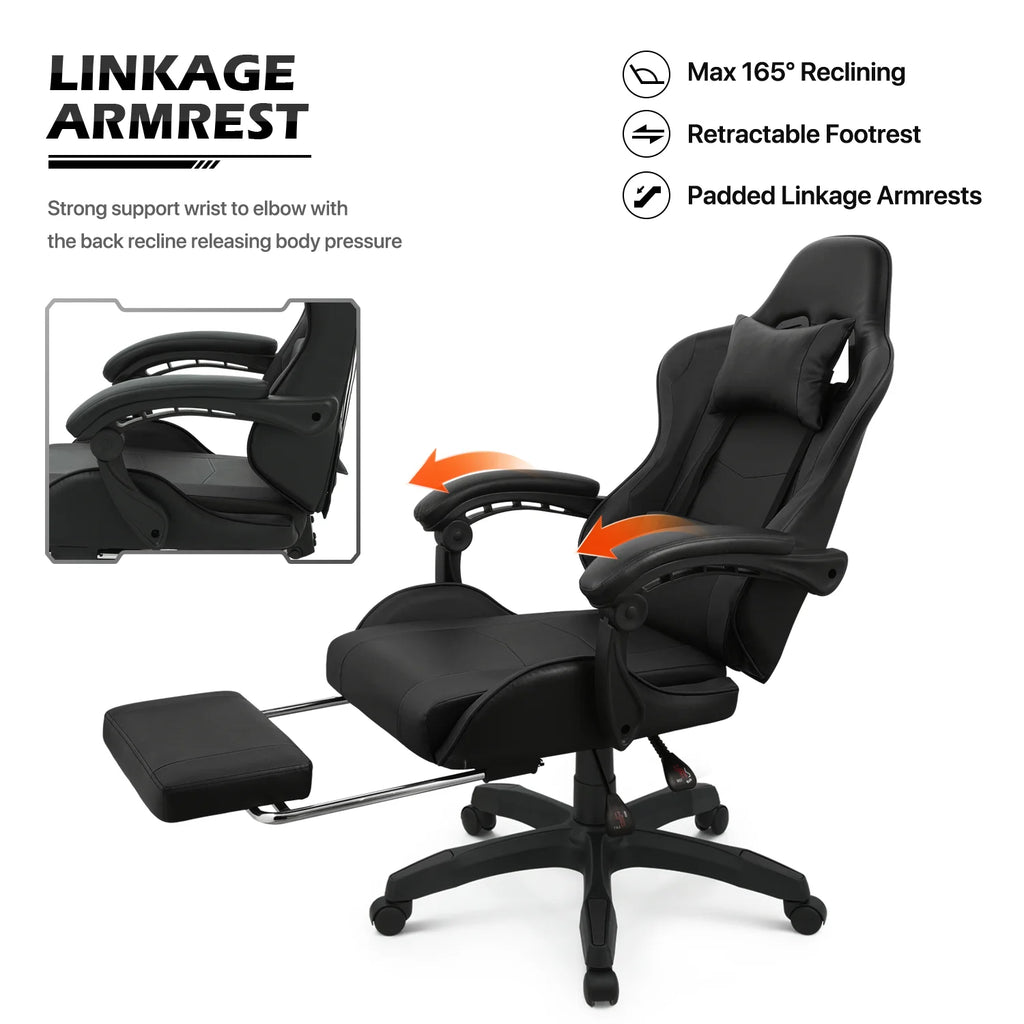 Black Swivel Gaming Chair with Footrest and Lumbar Support W40104