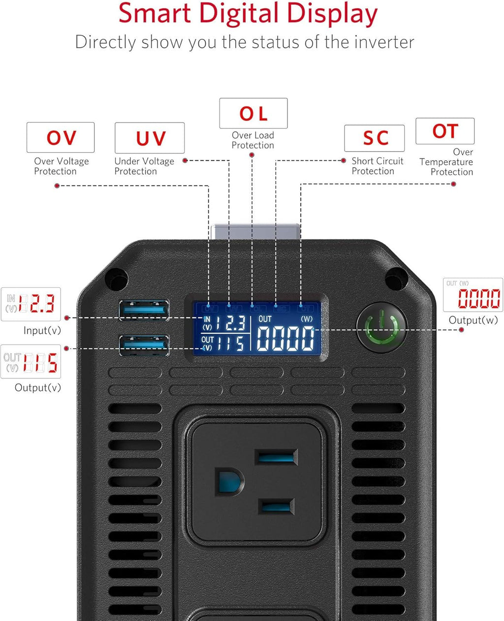 1200W Power Inverter with Digital LCD Display Dual USB Car Charger Z2198