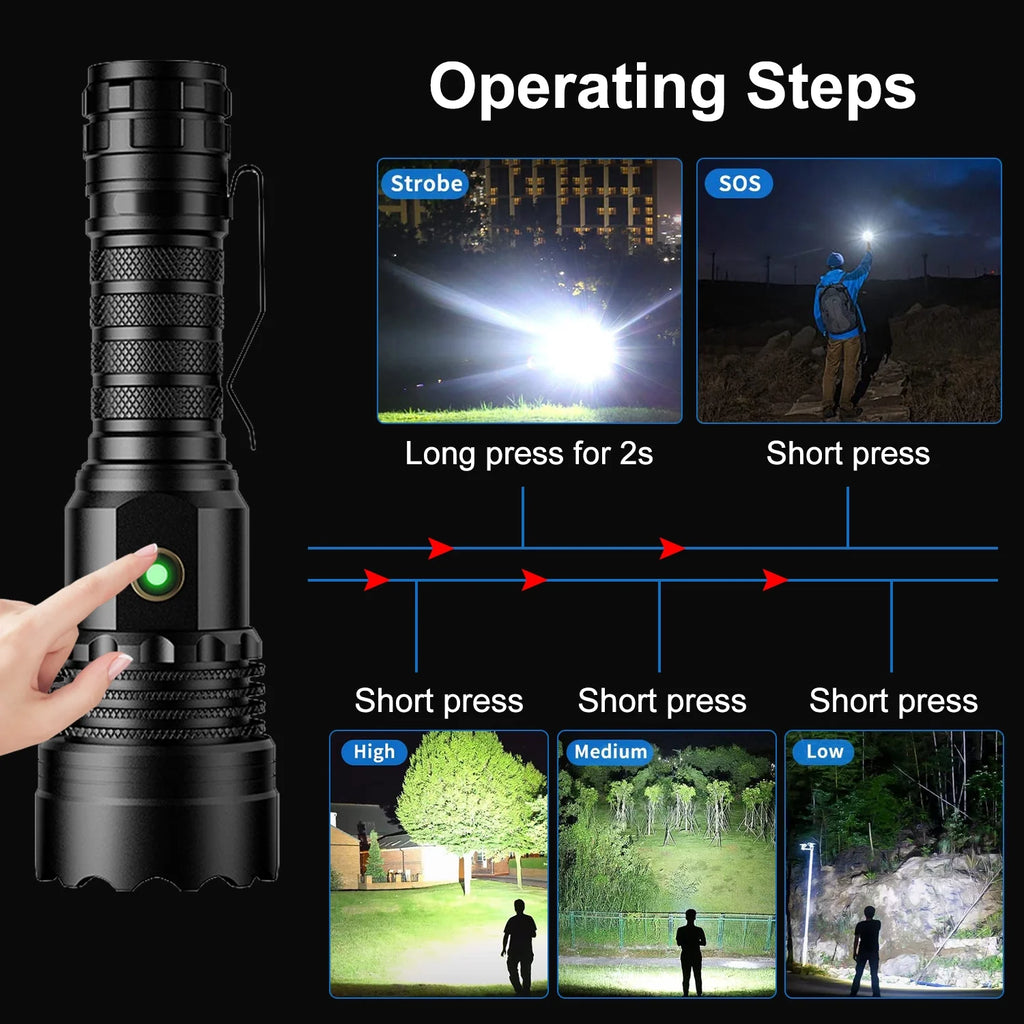 Rechargeable LED Flashlight 12000 Lumens Zoomable Handheld Spotlight with Lanyard and Hooks Q798225