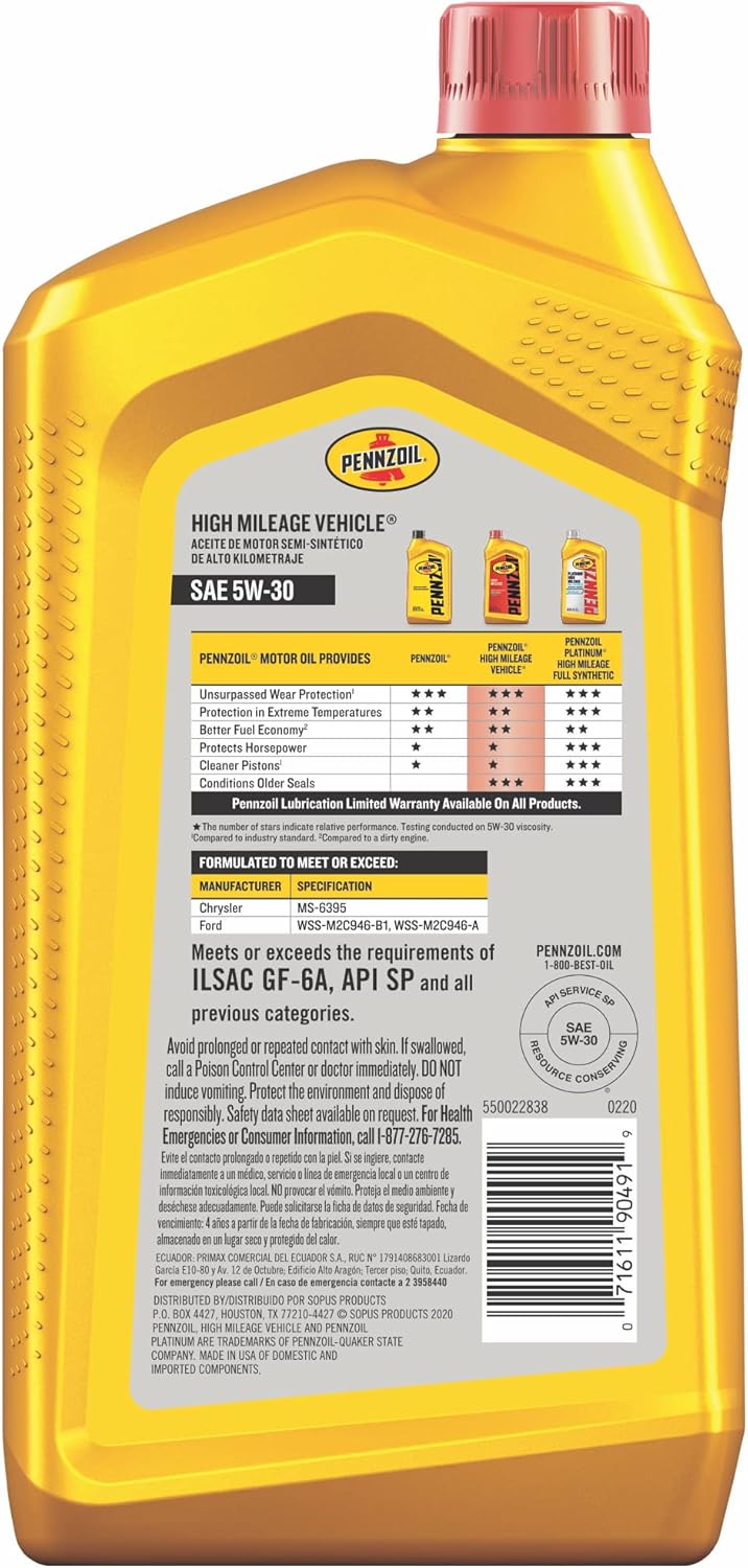 High Mileage Synthetic Blend 5W-30 Motor Oil (1-Quart, Pack of 2) E362