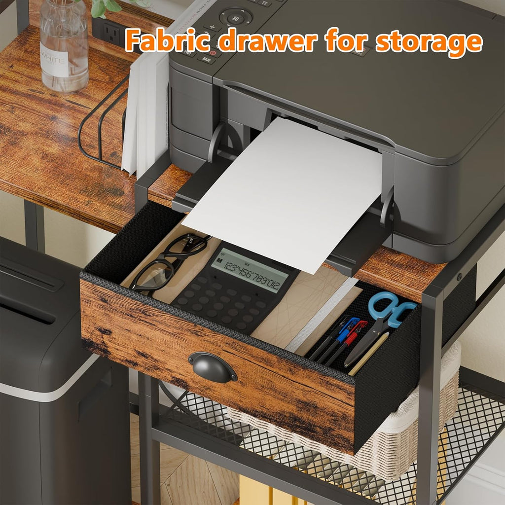 Printer Stand with Storage Drawer, 3 Tier, Wheels, Rustic Brown Q7311