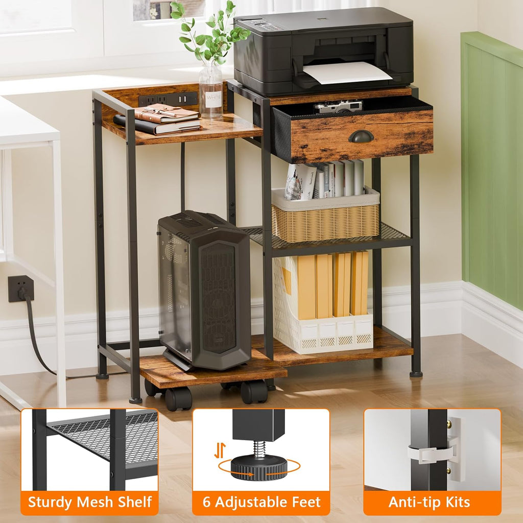 Printer Stand with Storage Drawer, 3 Tier, Wheels, Rustic Brown Q7311