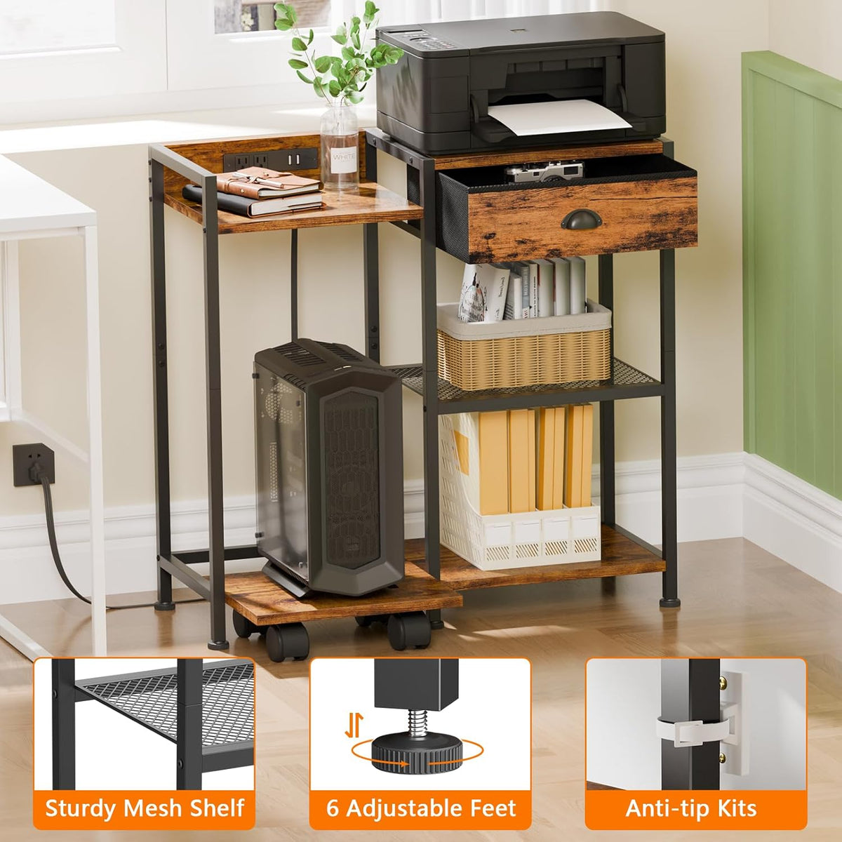 Printer Stand with Storage Drawer, 3 Tier, Wheels, Rustic Brown Q7311