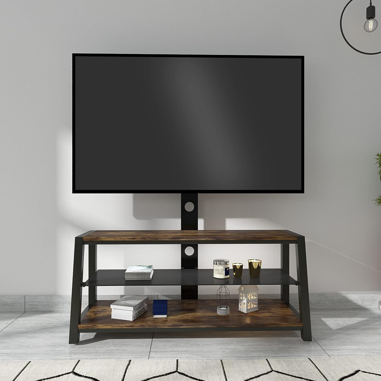 Swivel Floor TV Stand with Adjustable Tempered Wooden Shelves C540