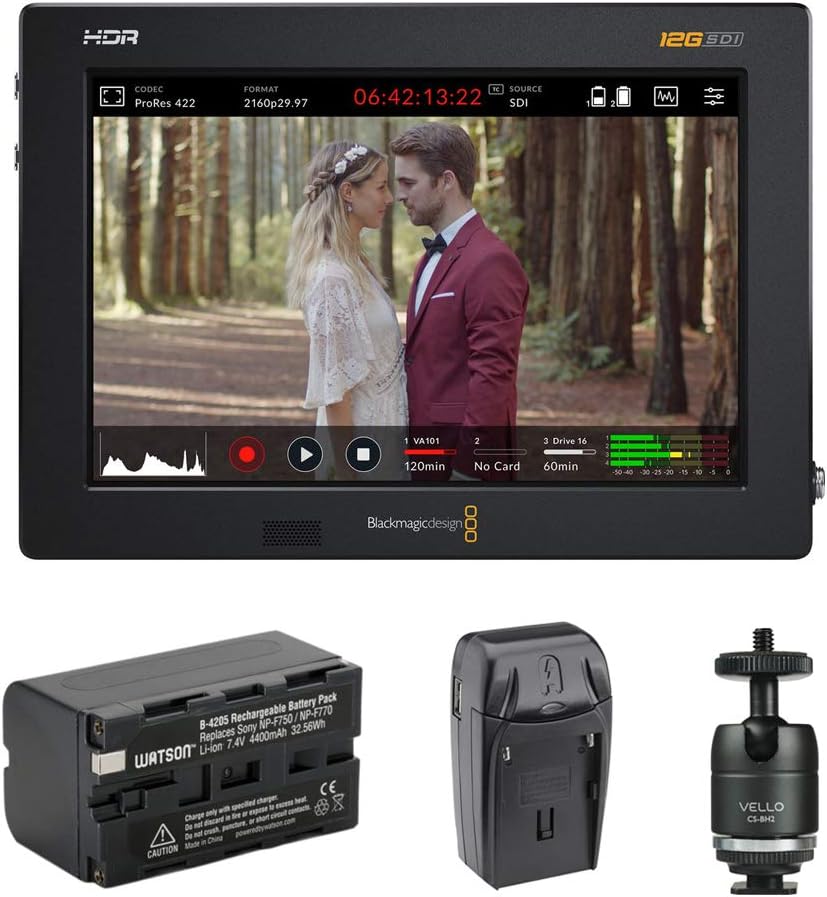 7" 12G-SDI/HDMI HDR Recording Monitor with NP-F770 Battery Pack, AC/DC Charger & Ball Head Bundle J5798