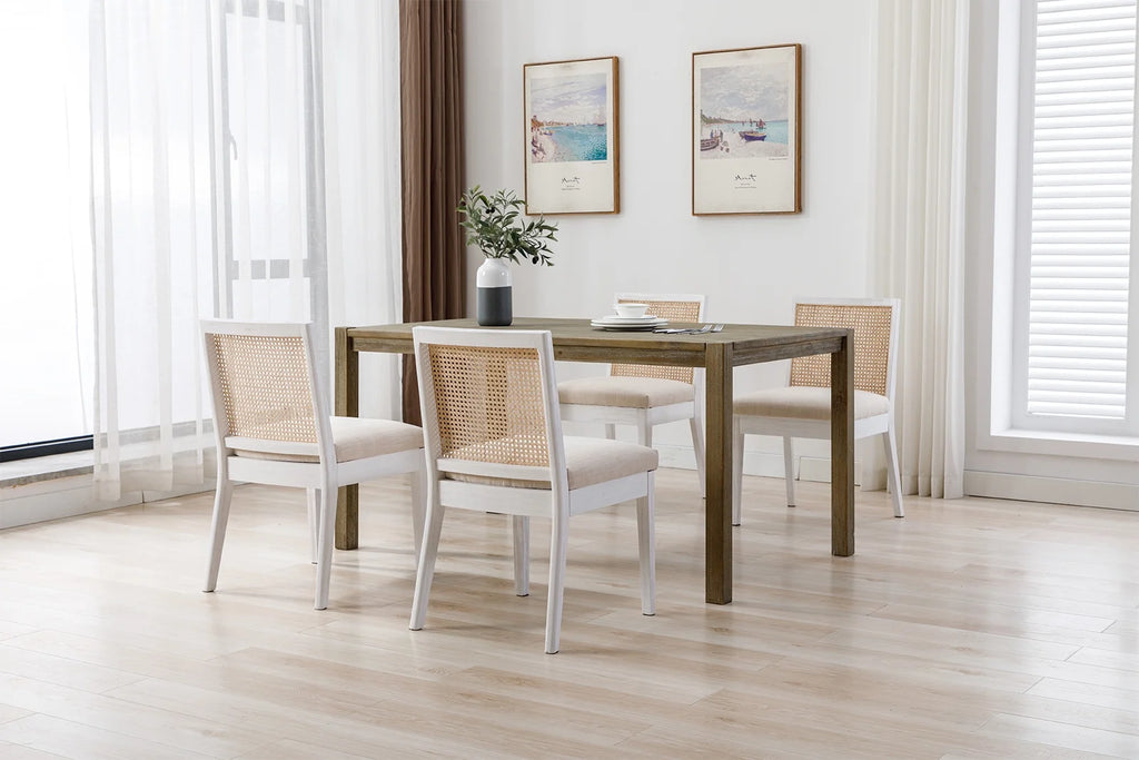 Beige Rattan Dining Chairs Set of 2 with White Hardwood Frame H724733