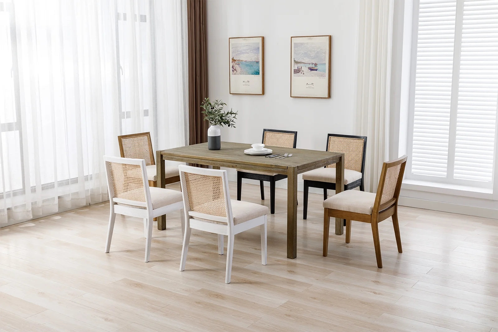 Beige Rattan Dining Chairs Set of 2 with White Hardwood Frame H724733