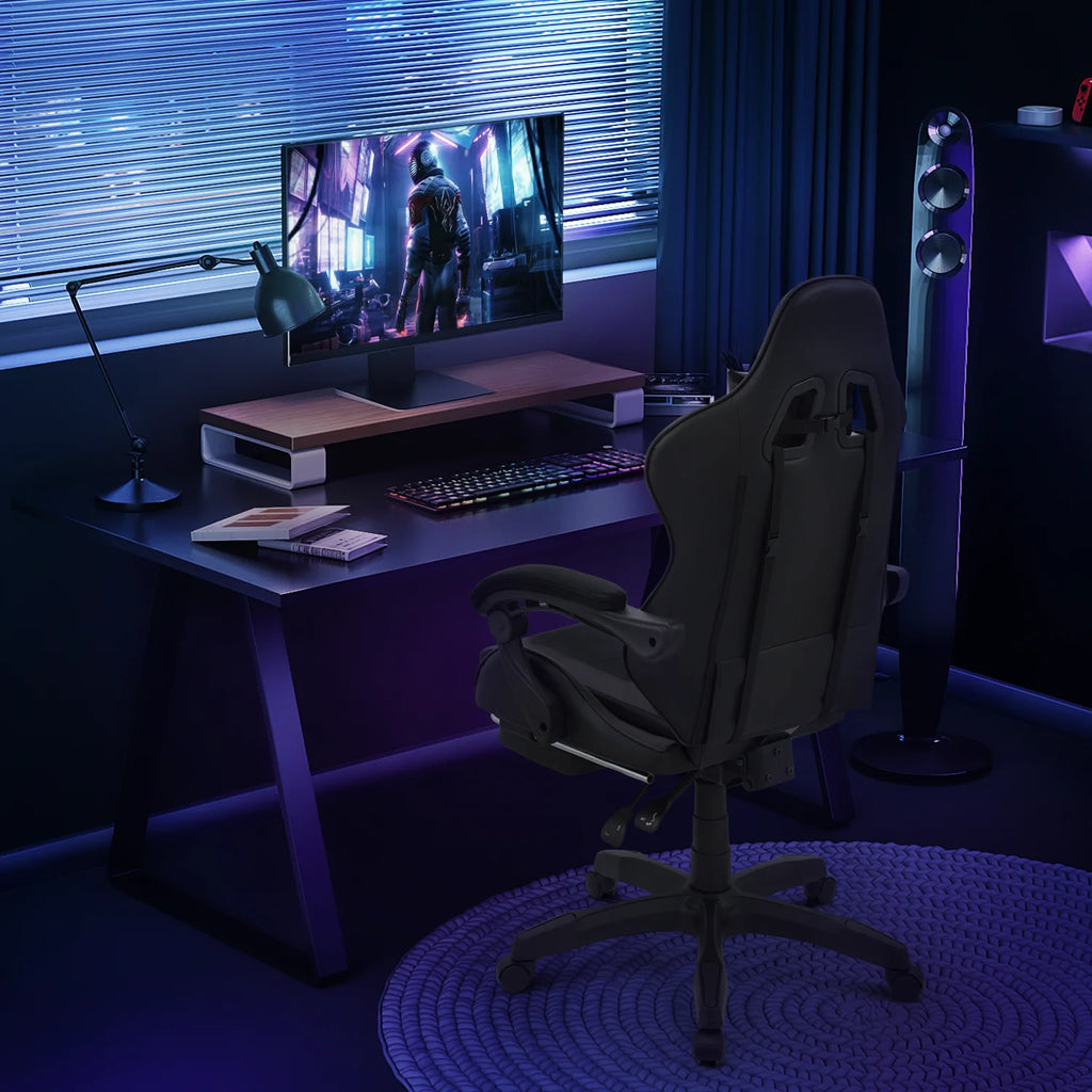 Black Swivel Gaming Chair with Footrest and Lumbar Support W40104