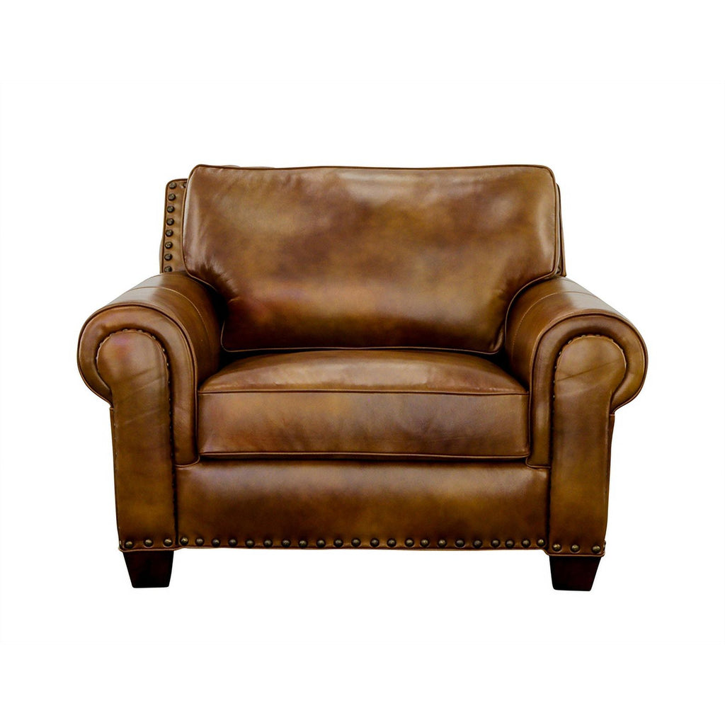 Camel Top-Grain Leather Accent Chair with Toss Pillows F9418