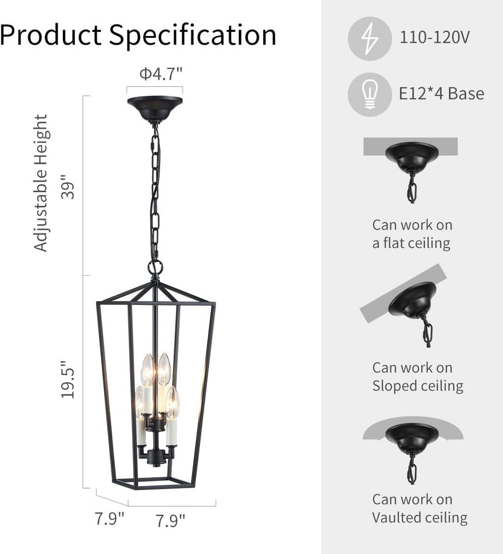 Black 4-Light Iron Cage Pendant Ceiling Light O8569