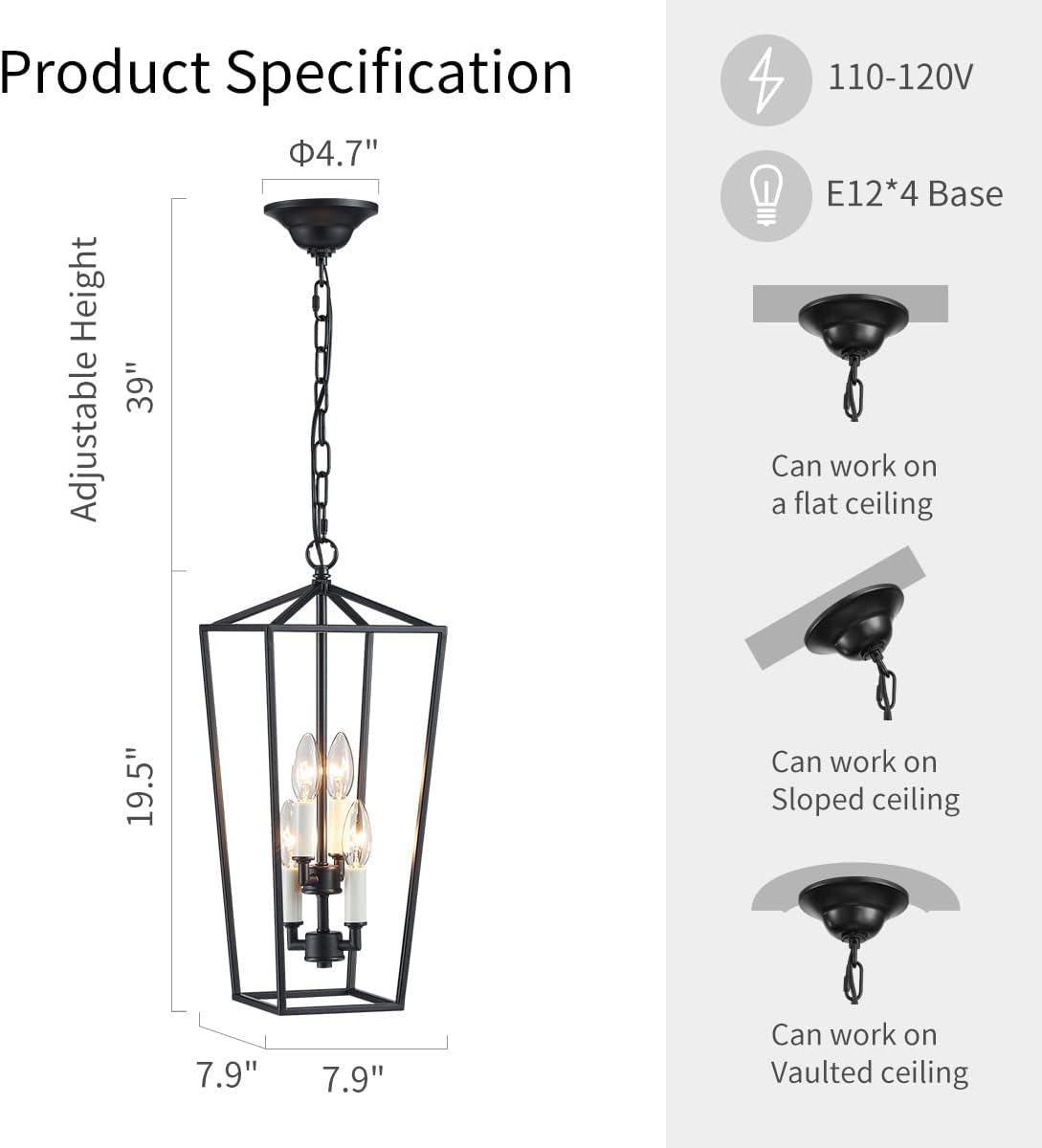 Black 4-Light Iron Cage Pendant Ceiling Light O8569