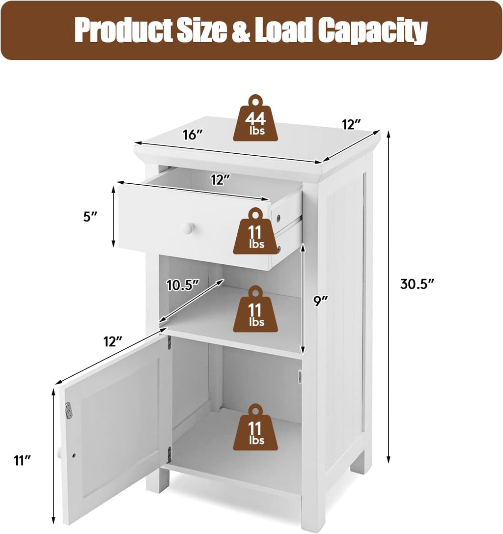 White Freestanding Wooden Bathroom Floor Cabinet, 1 Drawer & 1 Cabinet & 1 Open Shelf, Pack of 2 J531