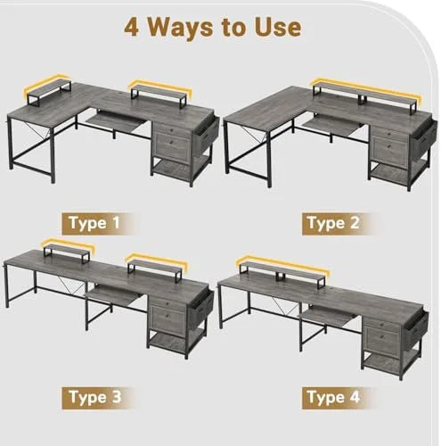 Rustic Brown L Shaped Desk with LED Lights and File Drawers J8244