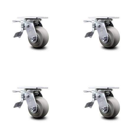 4 inch Thermoplastic Rubber Caster Set with Roller Bearings and Total Lock Brake W223