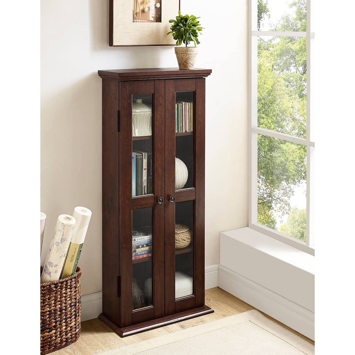 Black Wood Media Storage Tower Cabinet A210