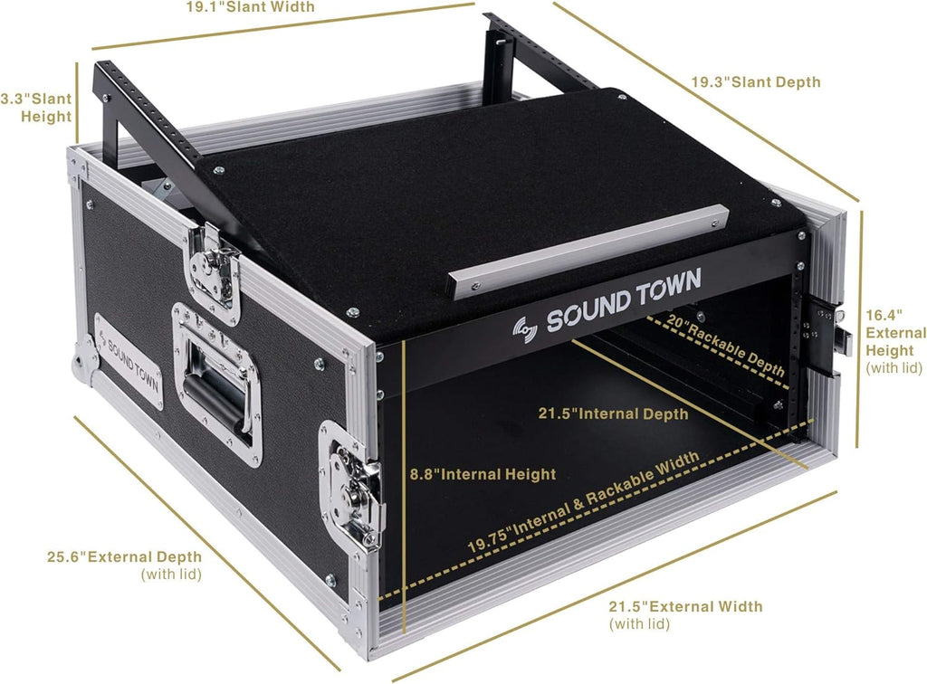 4U PA DJ Rack Road Case with 11U Slant Mixer Top, 20’’ Rackable Depth, 4-Space Size J523