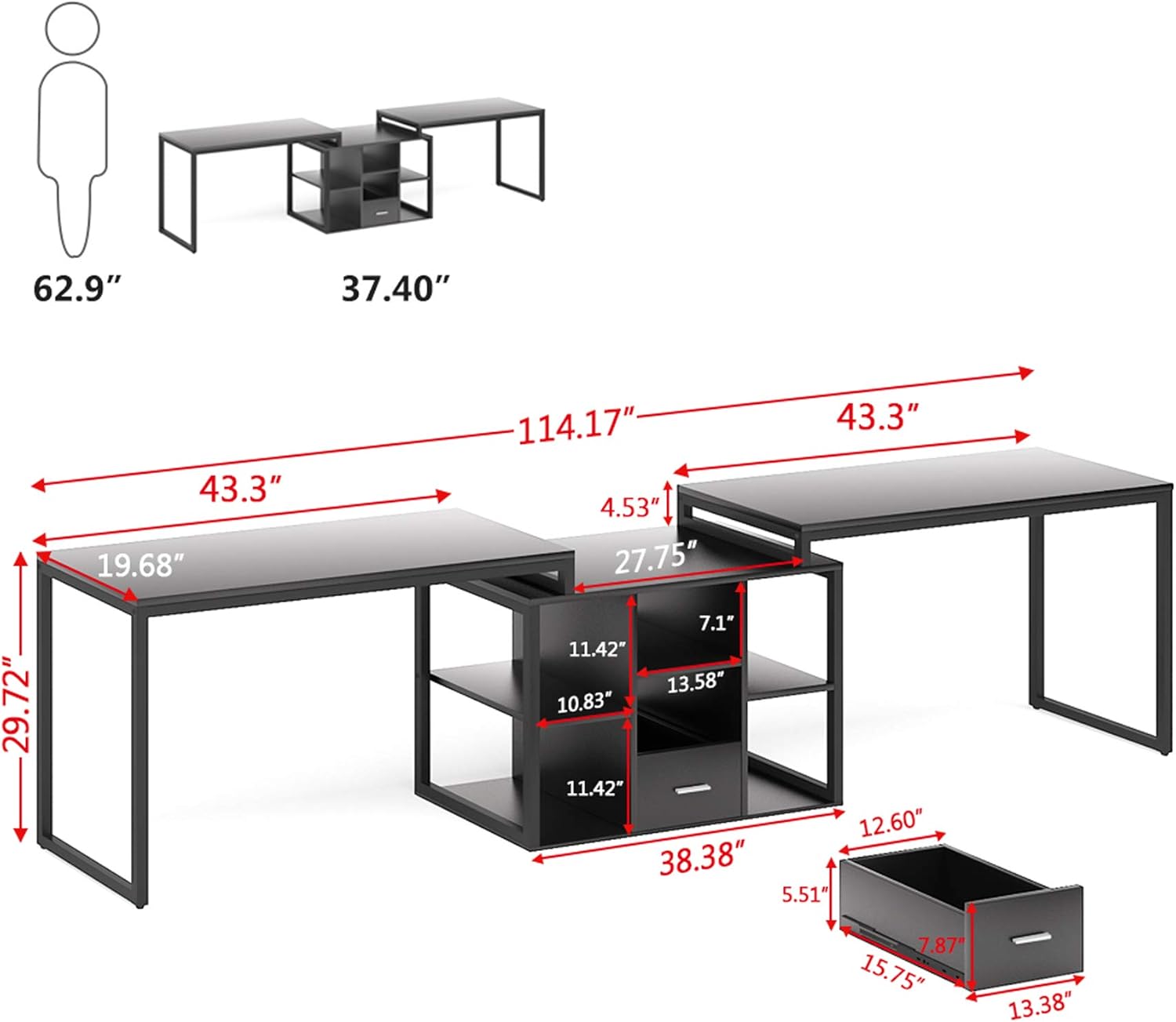 Black Extra Long Computer Desk with File Cabinet & Open Shelves P4909