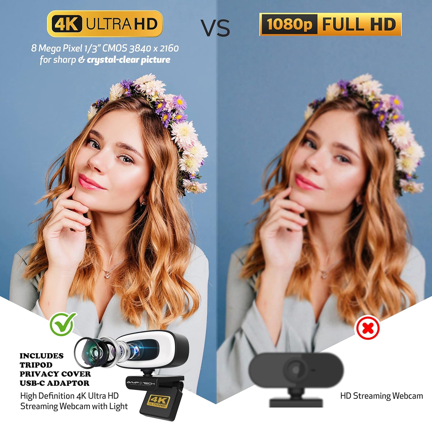 4K Webcam with Light Ultra HD 8MP Autofocus USB Web Cam with Microphone V852