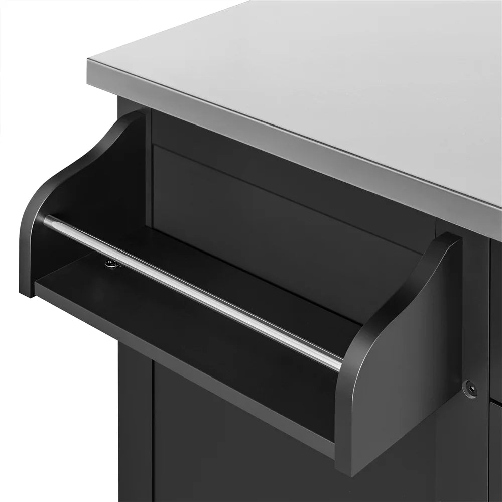 Black Kitchen Island Cart on Wheels with Stainless Steel Top and Open Shelves H1313