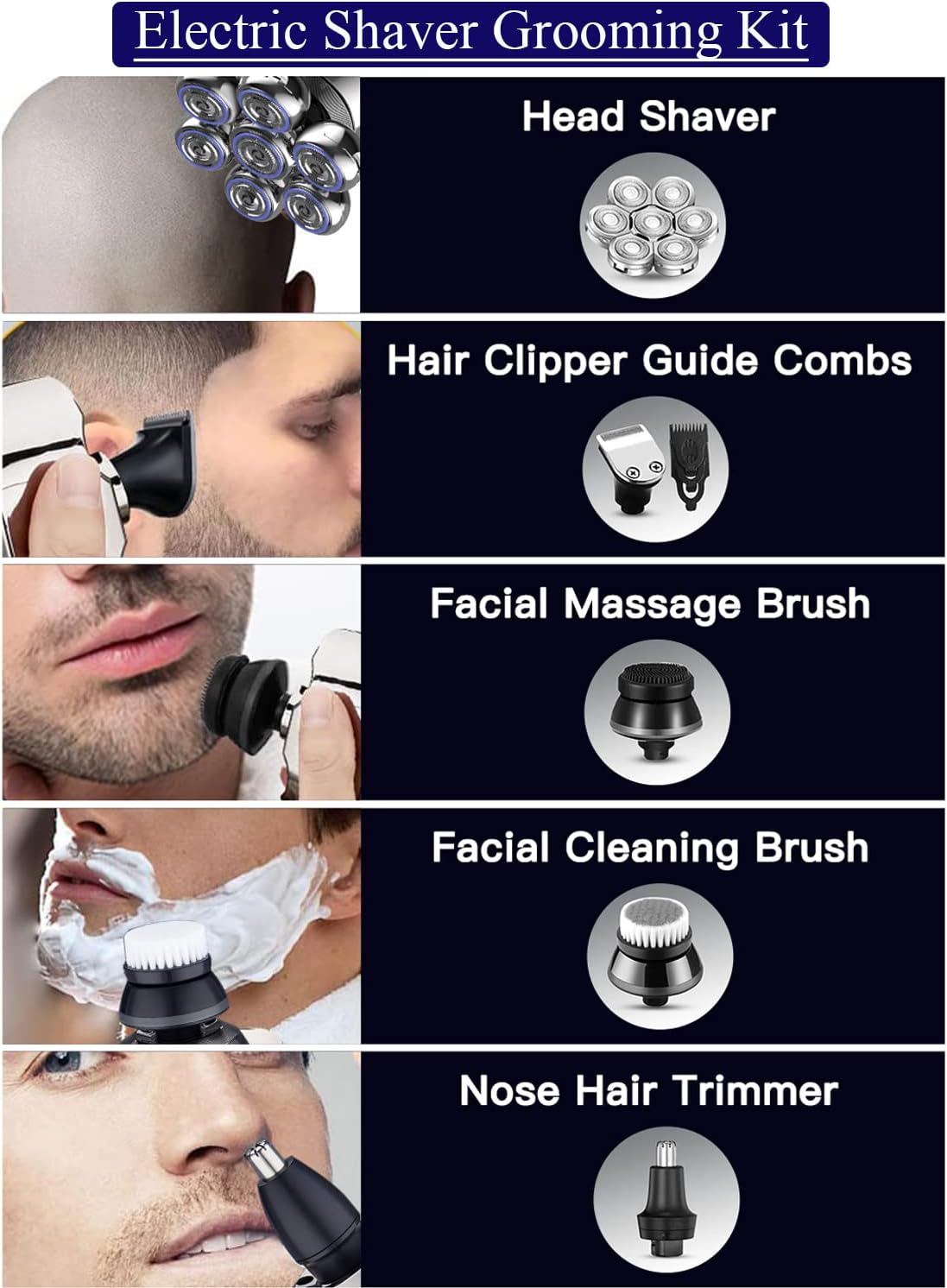 5-in-1 Electric Head Shaver Rotary Design Grooming Kit Cordless Rechargeable Pack of 2 H80873