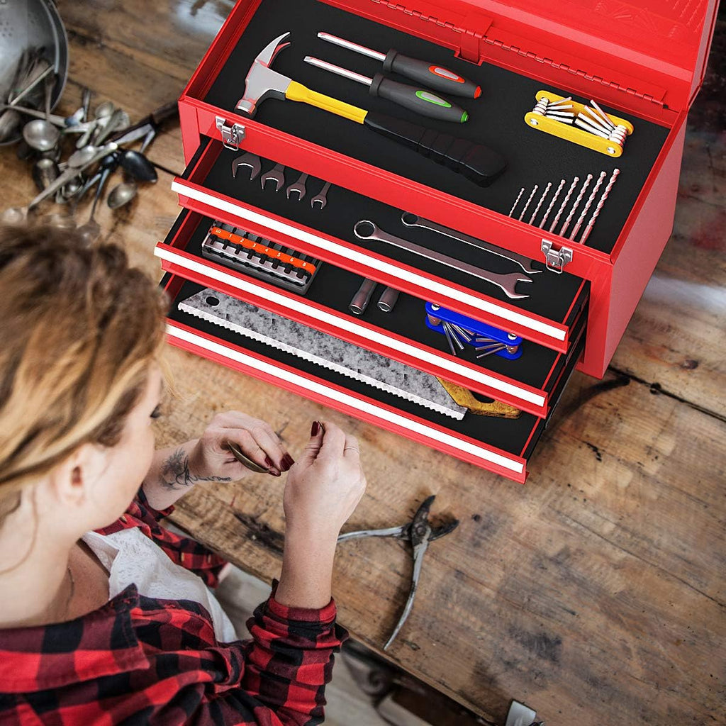Red Steel 3 Drawer Tool Chest with Top Tray V266
