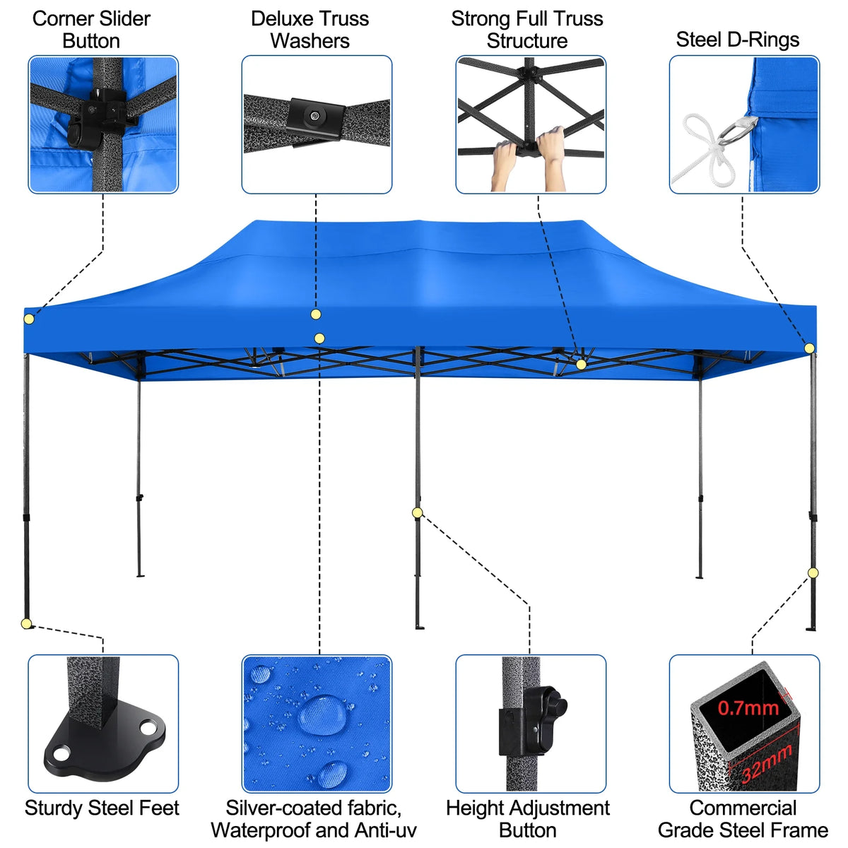 10' x 20' Pop Up Canopy Tent Straight Leg Shelter with Roller Bag, Blue X512346