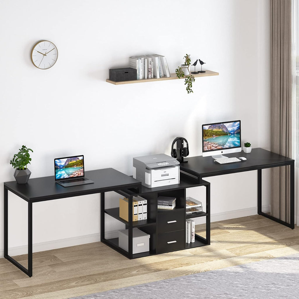 Black Extra Long Computer Desk with File Cabinet & Open Shelves P4909