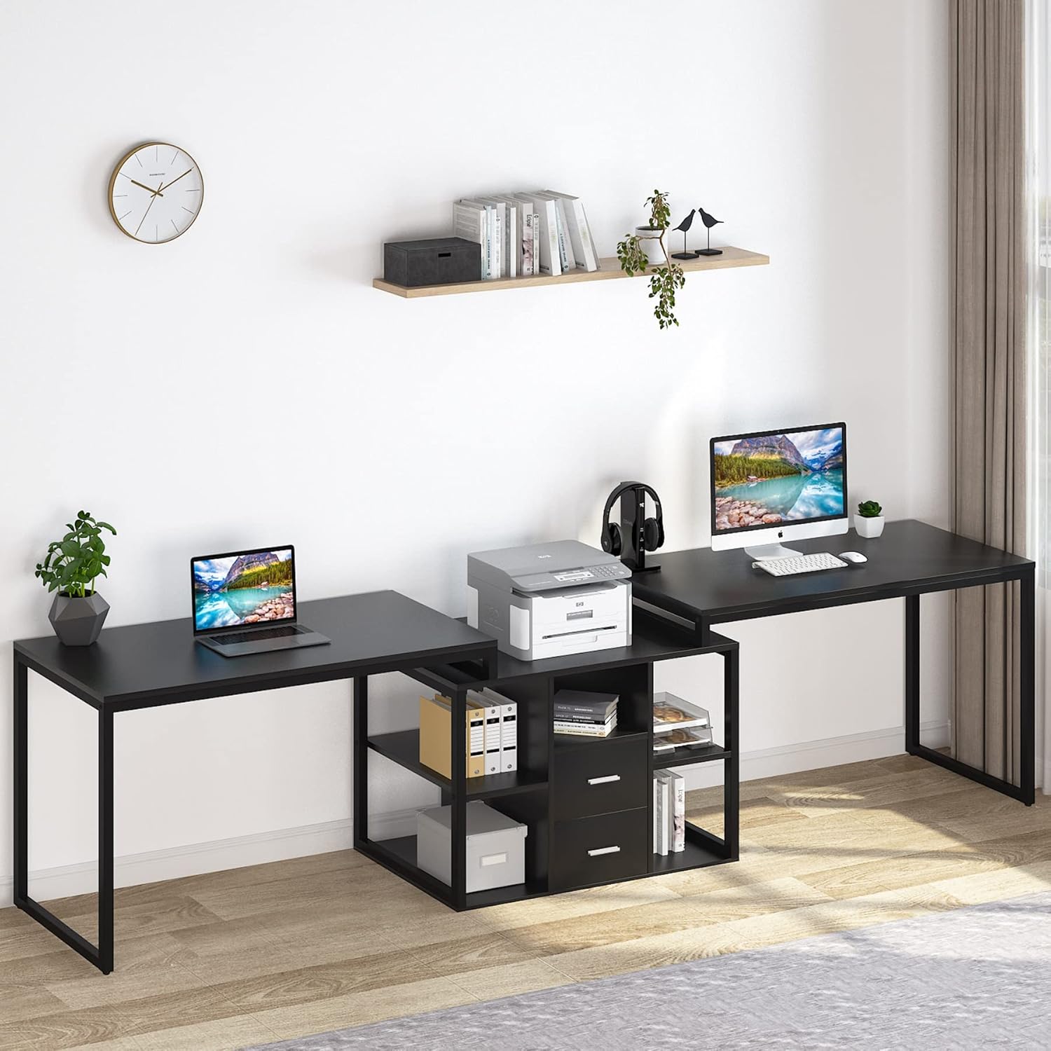 Black Extra Long Computer Desk with File Cabinet & Open Shelves P4909