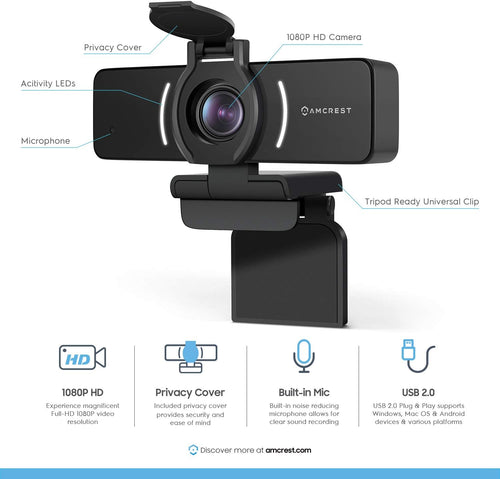 1080P Webcam with Microphone & Privacy Cover, USB Camera, Wide Angle Lens R752