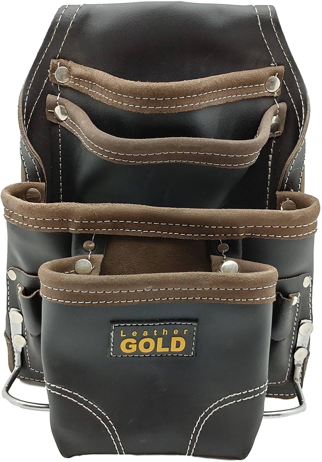 Black Oil-Tanned Heavy Duty Tool Pouch with 10 Pockets and 2 Hammer Holders Q300359