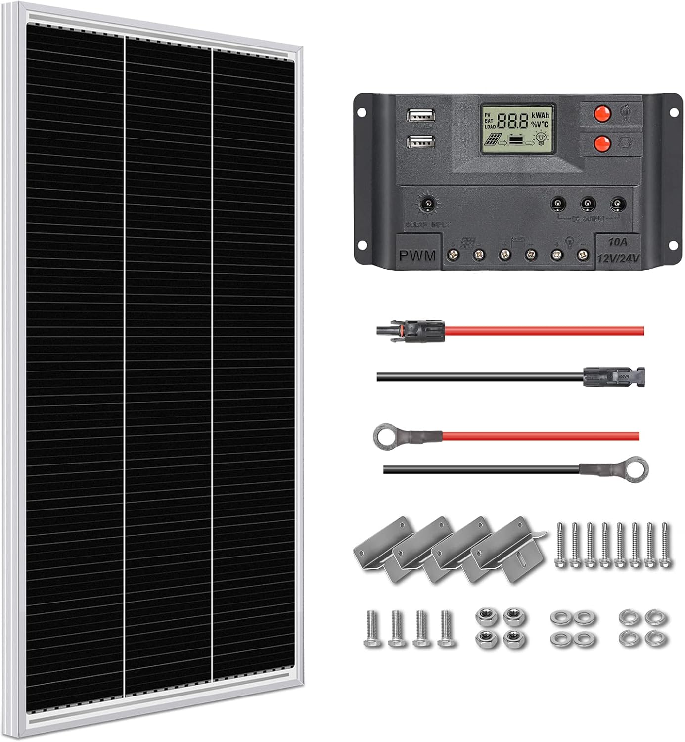 12 Volt 100 Watt Monocrystalline Solar Panel Starter Kit J624035