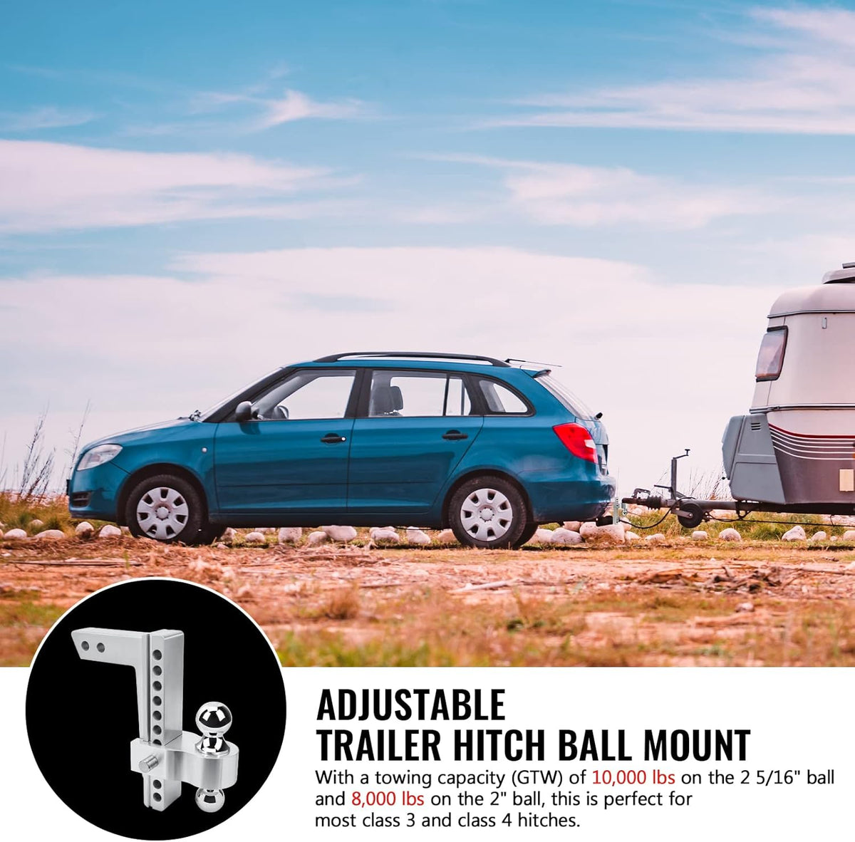 Adjustable Trailer Hitch Ball Mount, 2-Inch Receiver, 6-Inch Drop, 6-Inch Rise, Dual Towing Balls with Double Pin Key Locks Y359232
