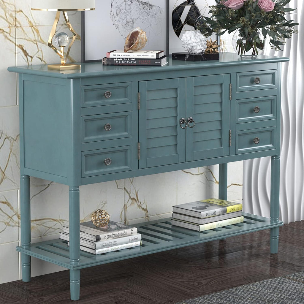 Light Green Wood Console Table with Drawers & Open Shelf K361