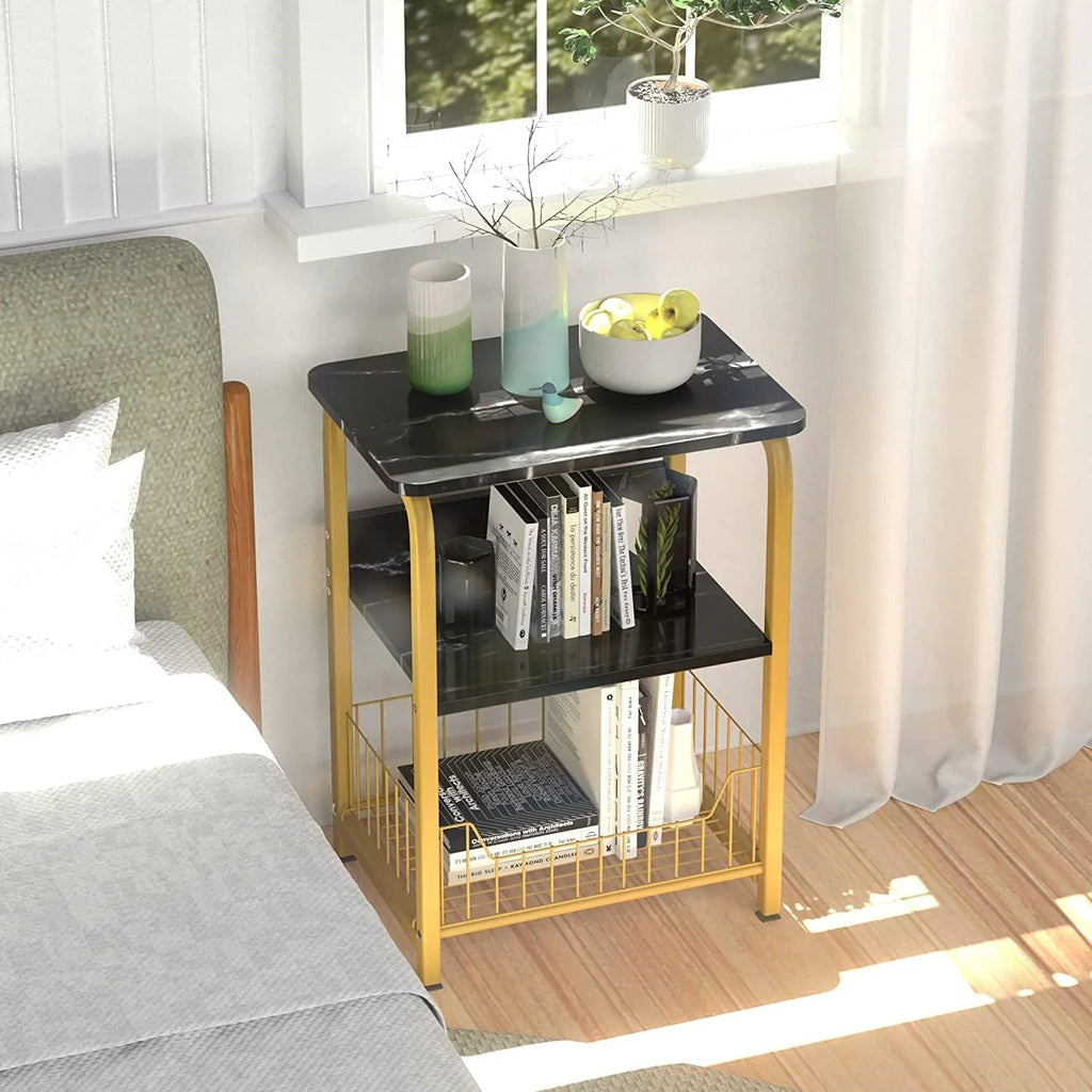 Black Marble 3 Tiers Nightstand with Wood and Metal Frame S6019