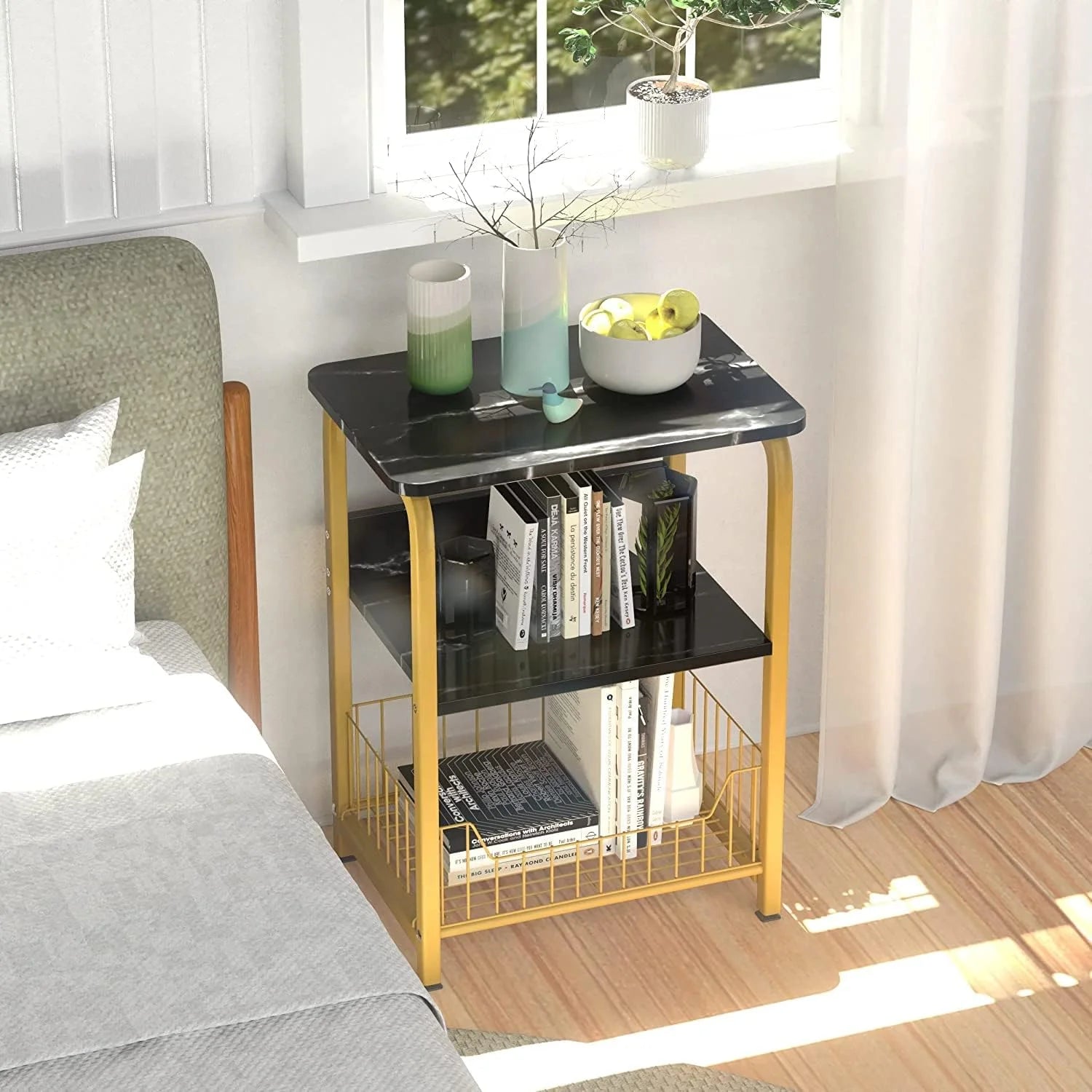 Black Marble 3 Tiers Nightstand with Wood and Metal Frame S6019