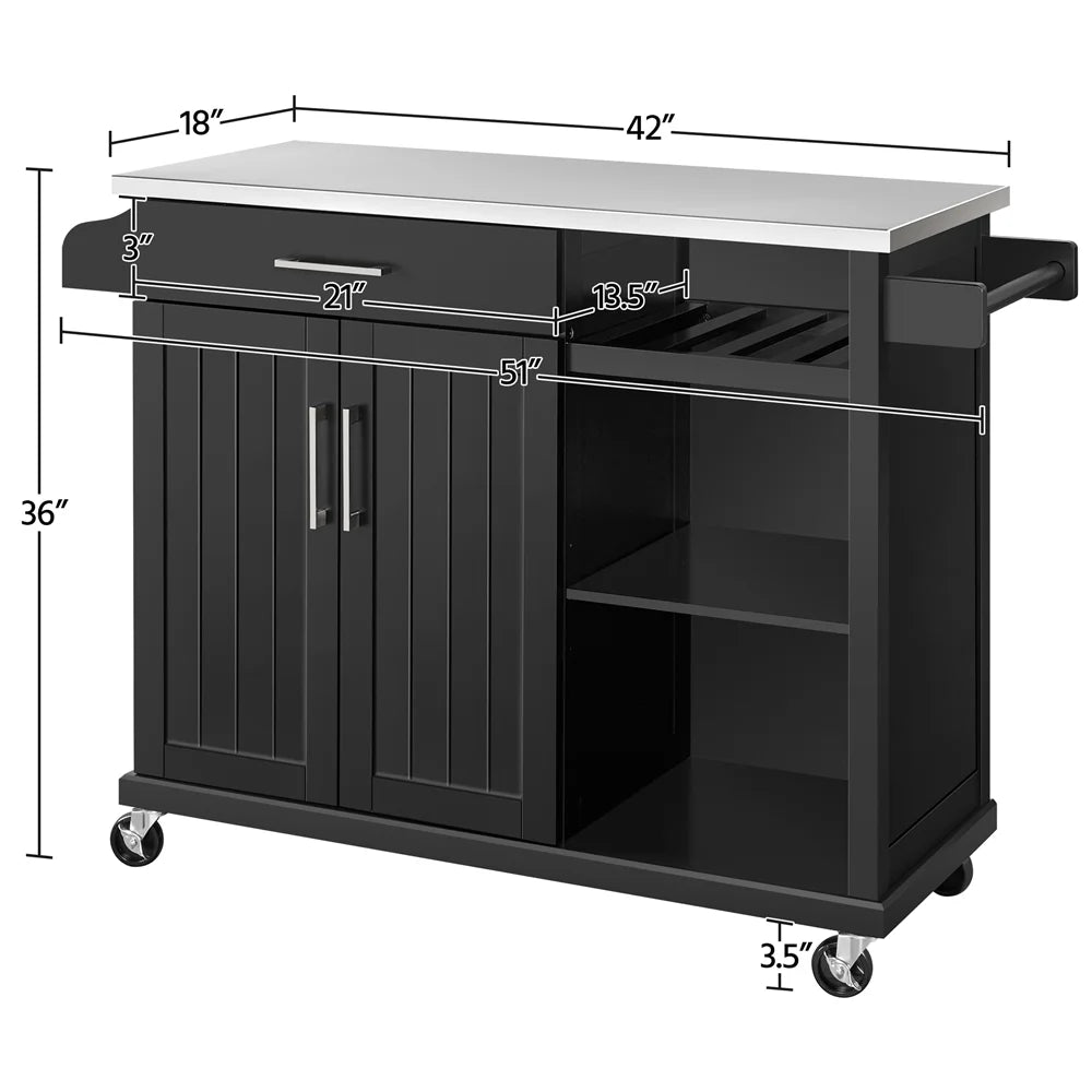 Black Kitchen Island Cart on Wheels with Stainless Steel Top and Open Shelves H1313