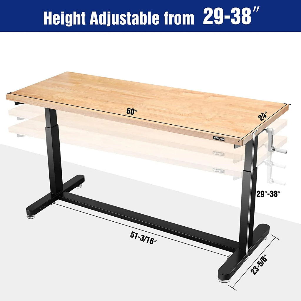 60" x 24" Rubber Wood Top Height Adjustable Work Table with Crank Handle and Casters T7884