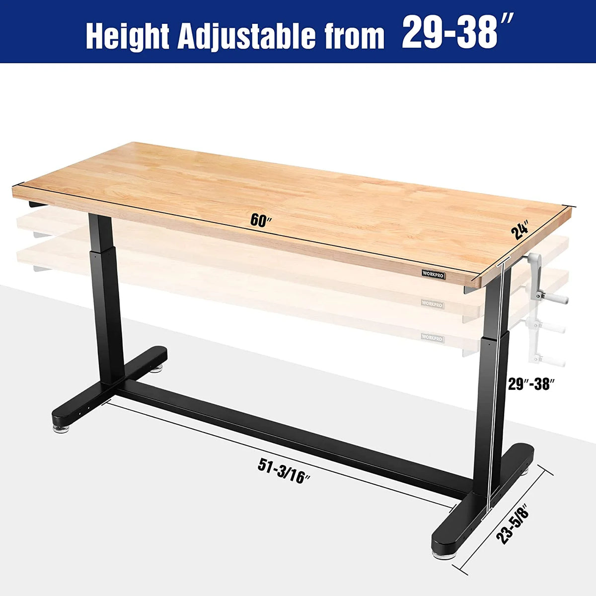 60" x 24" Rubber Wood Top Height Adjustable Work Table with Crank Handle and Casters T7884