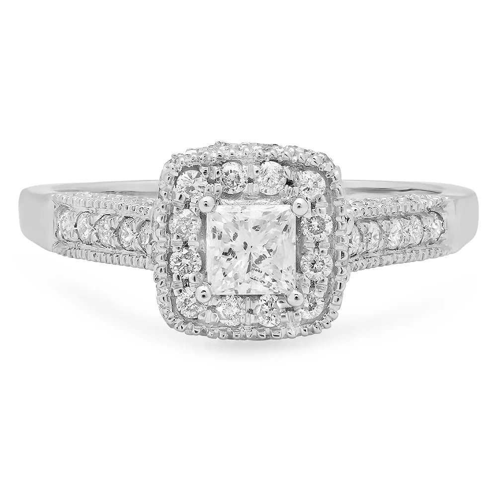 14k White Gold Princess Diamond Halo Engagement Ring X106