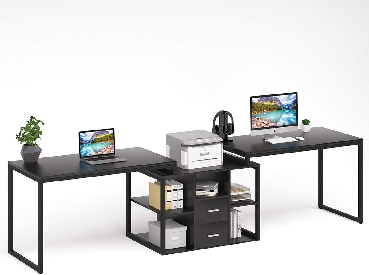 Black Extra Long Computer Desk with File Cabinet & Open Shelves P4909