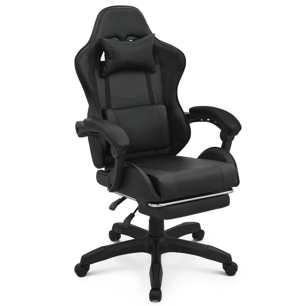 Black Swivel Gaming Chair with Footrest and Lumbar Support W40104